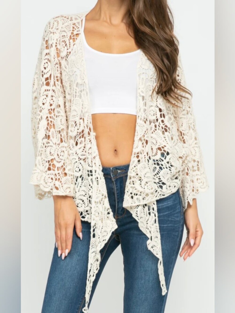 Raj Cream Crochet Open-Front Lace Shrug